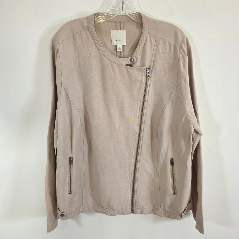 Sejour Linen Blend Moto Style Jacket Womens Beige Zip Short Lightweight Size 14W